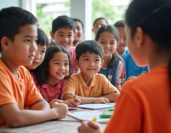 Axiom Aid team and students at a community educational programme in Singapore